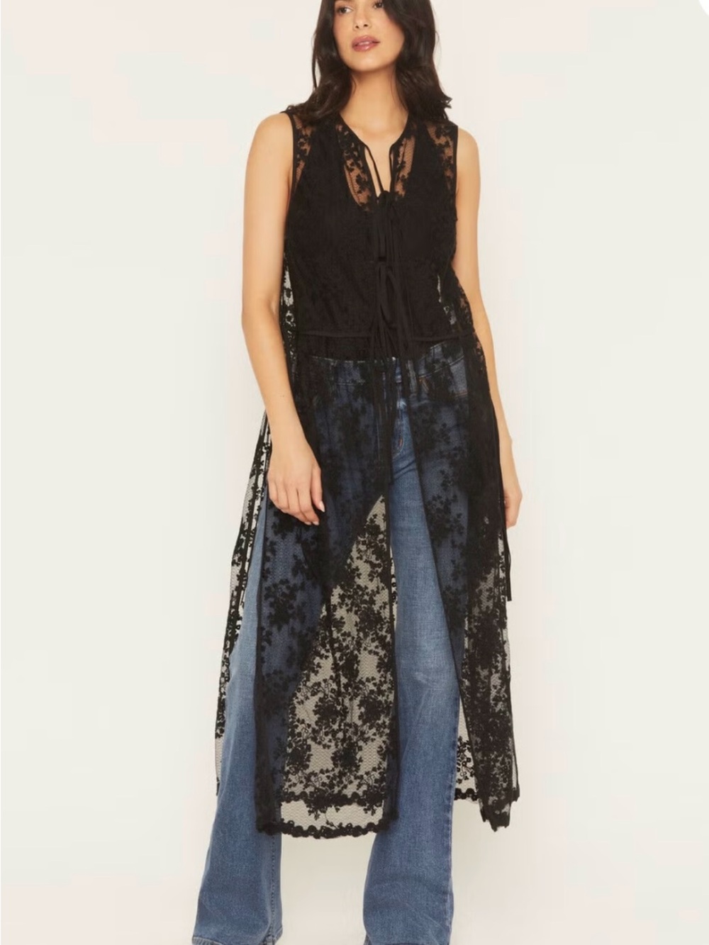 Cupshe NWT S Black Lace FLORAL BOHO Overlay COVERUP HIGH SLIT TASSEL TIE